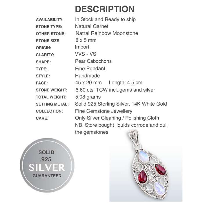 Indonesian - Bali Natural Garnet and Rainbow Moonstone Solid .925 Sterling Silver Pendant