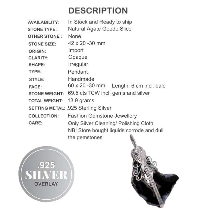 Natural Agate Geode Slice Gemstone with 925 Sterling Silver Plated Wire Handmade Pendant