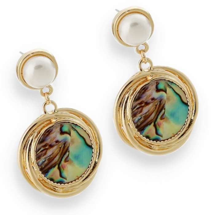 Natural Abalone Shell and White River Pearl Gemstone Gold Plated Stud Earrings
