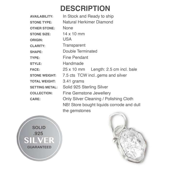 Natural Herkimer Diamond set in Solid .925 Sterling Silver Dainty Pendant