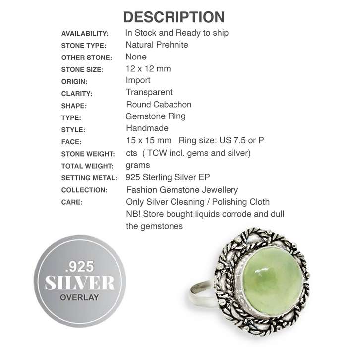 Natural Scottish Moss Prehnite Gemstone set in .925 Sterling Silver Plated Handmade Ring size US 7.5