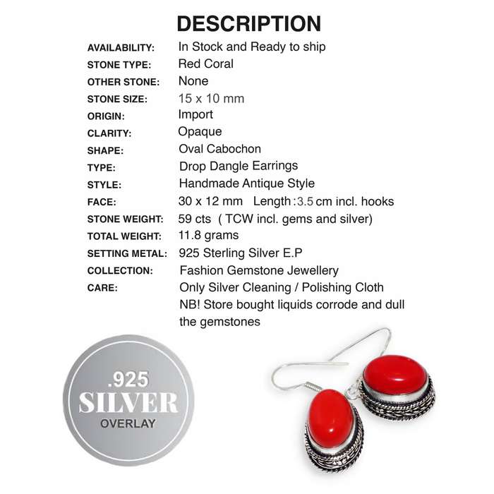 Red Coral Oval Handmade set in Antique Style 925 Sterling Silver Plated Earrings