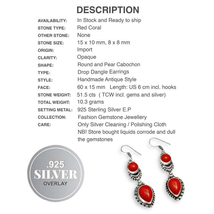 Red Coral Mixed Shapes Gemstone .925  Sterling Silver Plated Handmade Antique Style Earrings