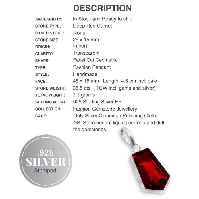 Geometric Garnet Quartz Gemstone set in .925 Sterling Silver Plated Handmade Pendant