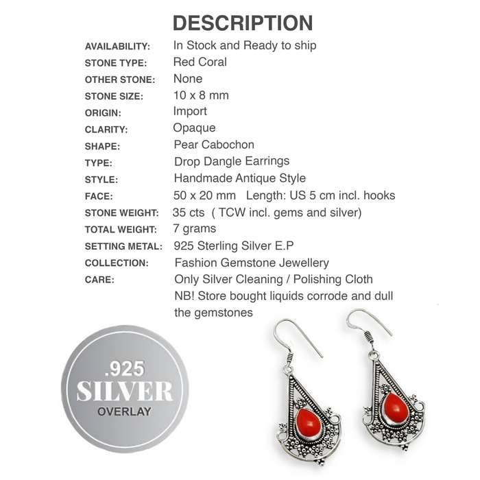Red Coral Pear Shape set in .925  Sterling Silver Plated Handmade Antique Style Earrings