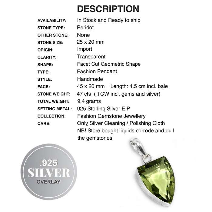 Faceted Peridot Geometric Shape set in .925 Sterling Silver Plated Handmade Pendant