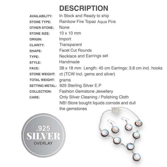 Aqua PInk Mystic Fire Topaz Round Shapes set in .925 Sterling Silver Plated Necklace and Earrings