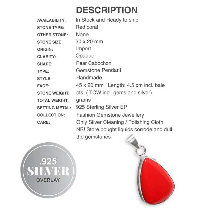 Vibrant Red Coral Pear Shape set in .925 Sterling Silver Plated Handmade Pendant