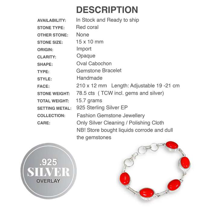 Red Coral Ovals set in .925 Sterling Silver Plated Handmade Elegant Bracelet