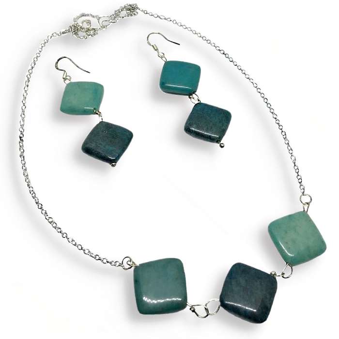 Handmade Natural Blue Jasper Squares in .925 Silver Necklace & Earrings Set
