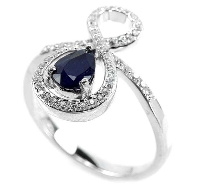 Deluxe Natural Blue Sapphire & White Cubic Zirconia in Solid.925 Silver 14K W/Gold Ring Size 8/Q