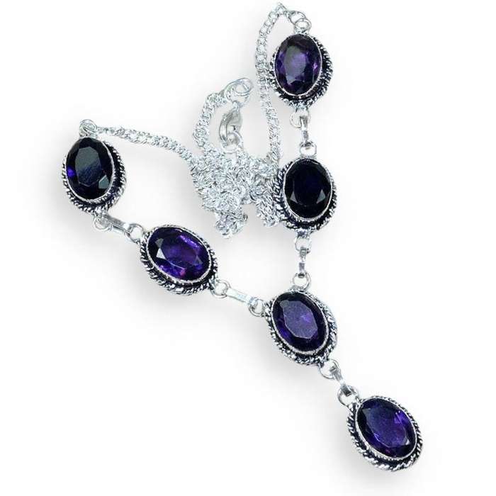 Purple Amethyst Ovals set in .925 Sterling Silver Plated Y Shape Antique Style Necklace