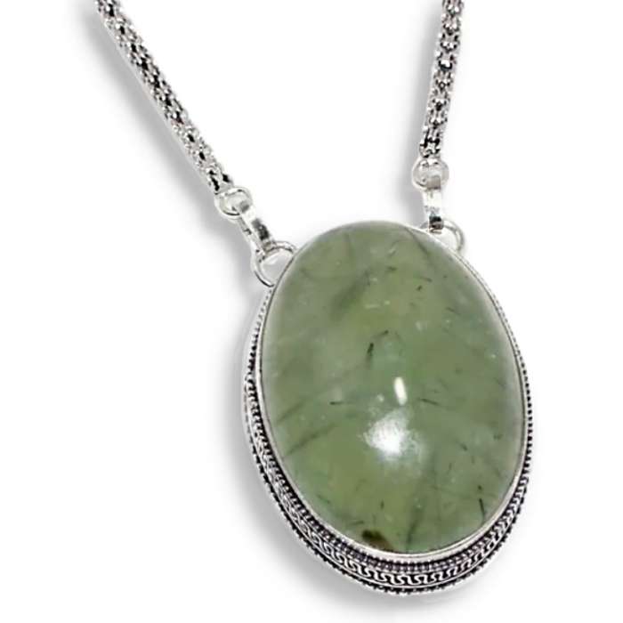 Natural Scottish Moss Prehnite Oval Gemstone set in .925 Sterling Silver Plated Antique Necklace