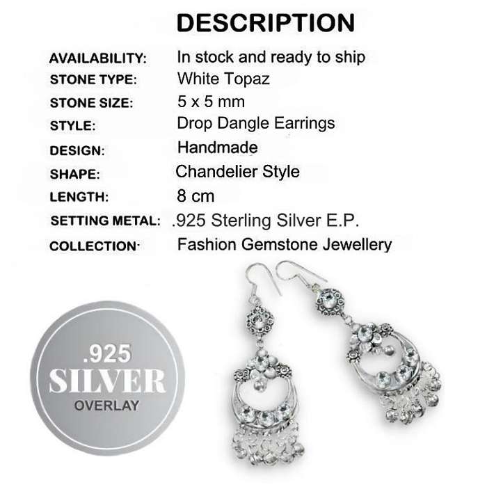 Nepali Exotic Sparkle White Topaz Gemstone .925 Sterling Silver Plated Chandelier Earrings