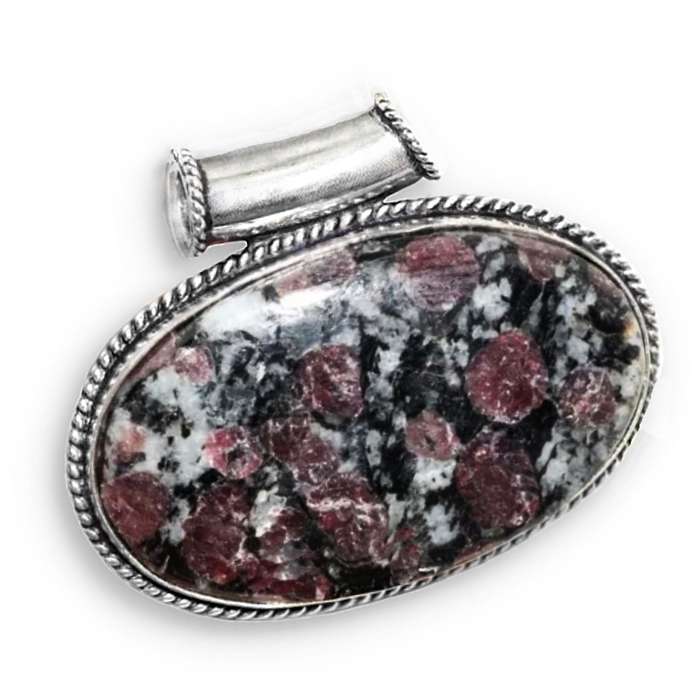 Natural Russian Eudialyte Oval Gemstone set in .925 Sterling Silver Plated Antique Style Pendant