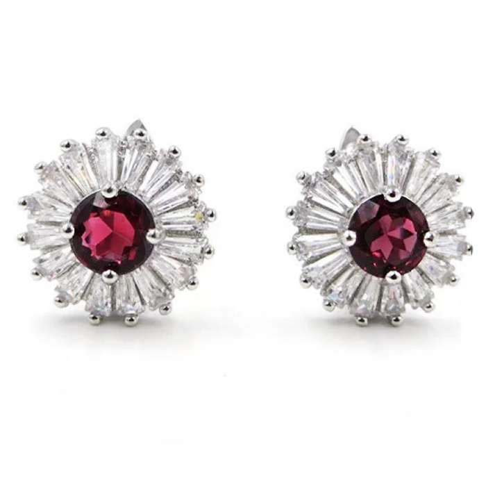 6mm Top Natural Rhodolite Garnet, Baguette Cubic Zirconia Solid .925 Sterling Silver Earrings