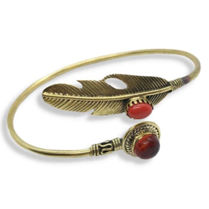 Natural Carnelian, Red Coral Gemstone Leaf Design Set in Solid Brass Cuff Bangle
