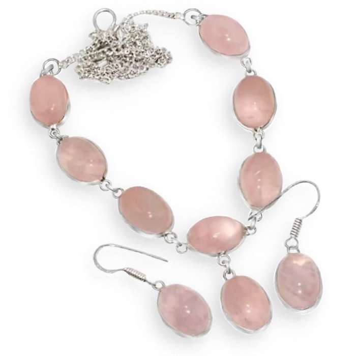 Natural Rose Quartz Ovals set in .925 Sterling Silver Plated Handmade Necklace & Earrings Set