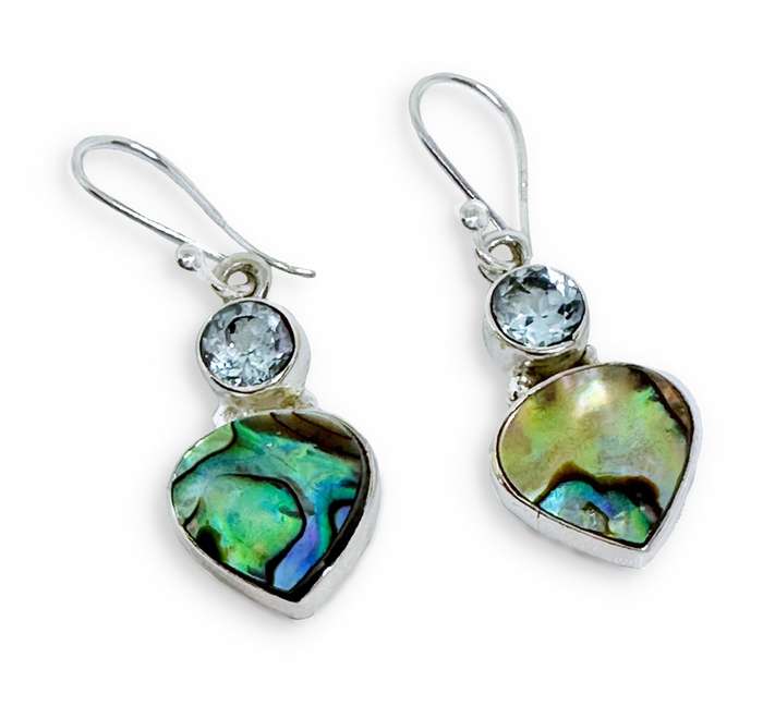 Natural Abalone Shell and Blue Topaz set in Gemstone Solid 925 Sterling Silver Handmade Earrings
