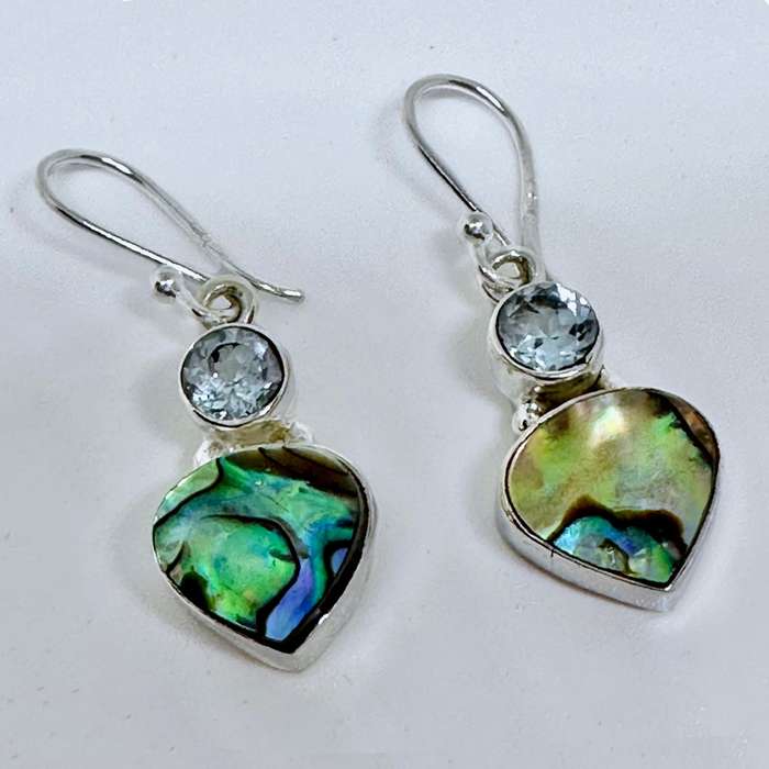 Natural Abalone Shell and Blue Topaz set in Gemstone Solid 925 Sterling Silver Handmade Earrings