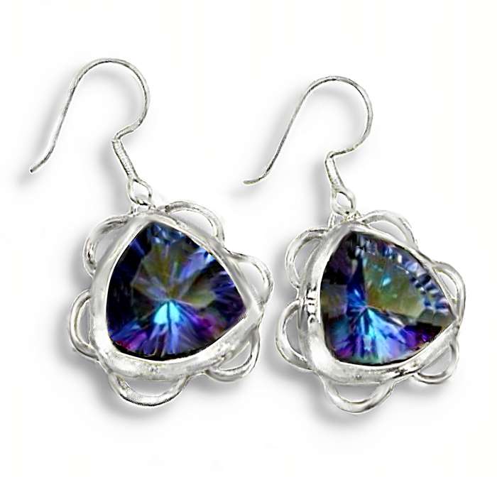 Trillion Cut Blue Purple Flash Mystic Rainbow Topaz In Solid 925 Sterling Silver Earrings