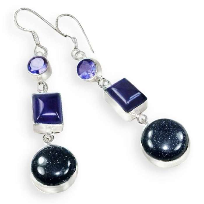 Long Purple Amethyst, Purple Blue Sandstone Gemstone .925 Sterling Silver Plated Earrings