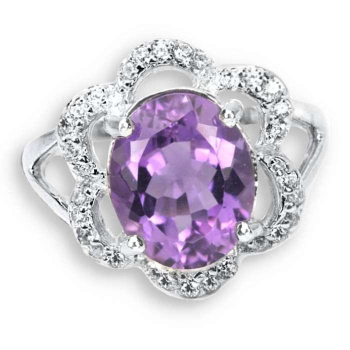 Deluxe AAA Natural Purple Amethyst, White CZ  Solid .925 Silver 14K W/Gold Ring Size 7.25 / O1/2