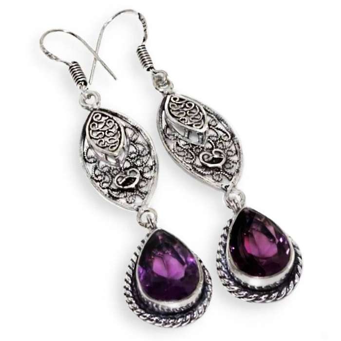 Ornate Handmade Purple Amethyst  set in.925  Sterling Silver Plated Drop Dangle Earrings