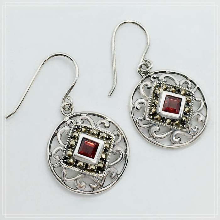 22.3 CT Natural Garnet Gemstone and Swiss Marcasite set in Solid .925 Sterling Silver Earrings