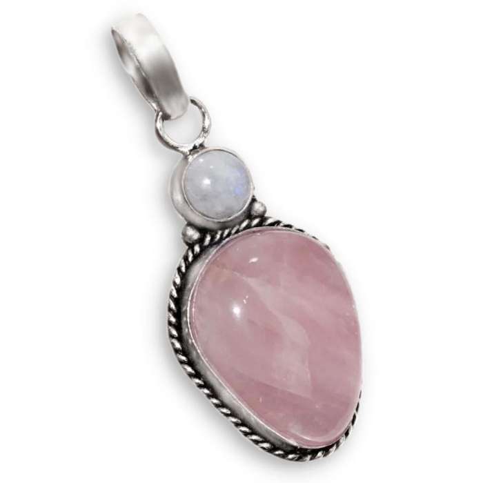 Natural Rose Quartz and Moonstone Gemstone .925 Sterling Silver Plated Pendant