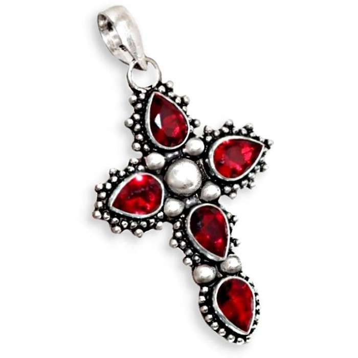 Pear Shape Garnet Gemstones set in Antique Style Cross .925 Sterling Silver Plated Handmade Pendant