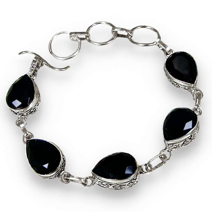 Faceted Black Onyx Pear Shapes set in .925 Sterling Silver Plated Antique Style Handmade Bracelet