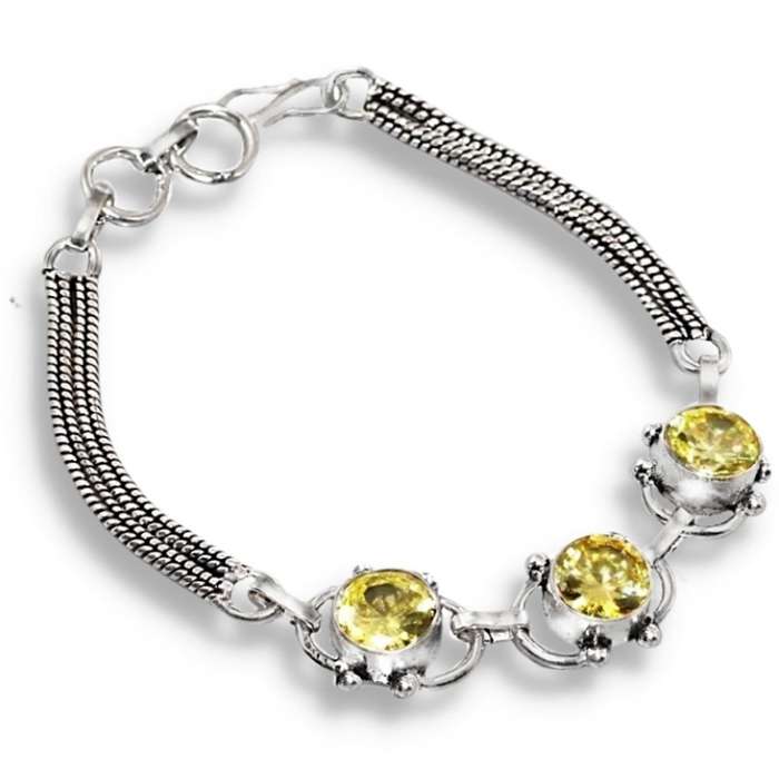Lemon Citrine Faceted Round Gemstones set in .925 Sterling Silver Plated Handmade Bracelet