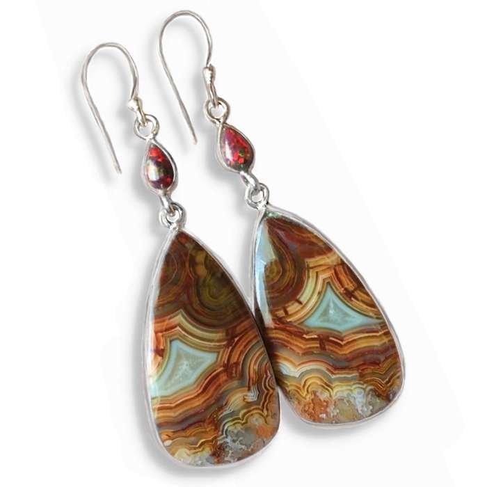 Spectacular Natural Mexican Laguna Lace Agate, Fire Opal Gemstone 925 Silver Earrings