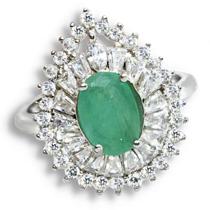 25.80 Cts Natural Zambian Emerald, Cubic Zirconia set in Solid .925 Sterling Silver Size 7 or O