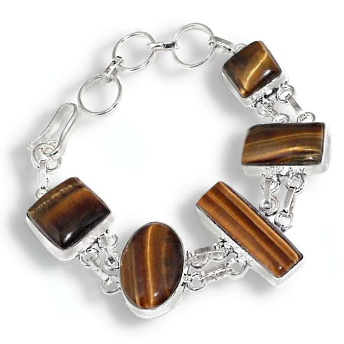 Handmade Natural Tigers Eye  Mixed Shapes Gemstones .925 Sterling Silver Plated Bracelet