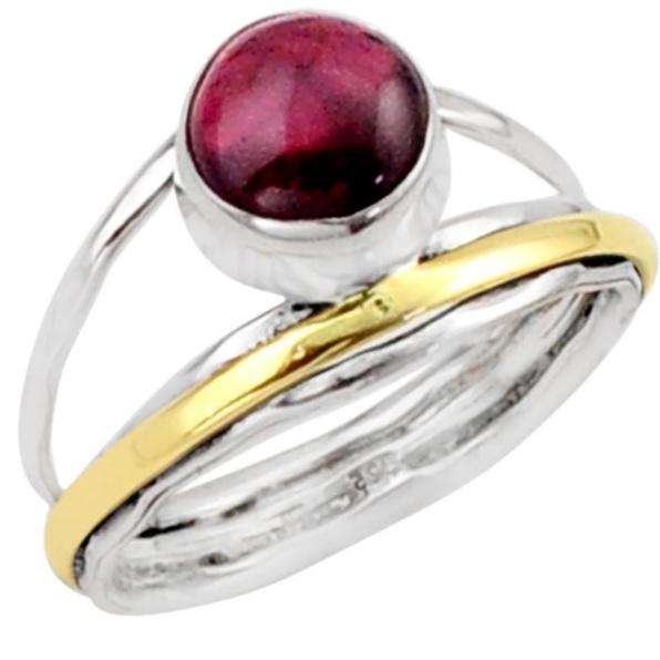 Natural Round Garnet set in Two Tone Solid .925 Sterling Silver Ring Size US 6.5 /N