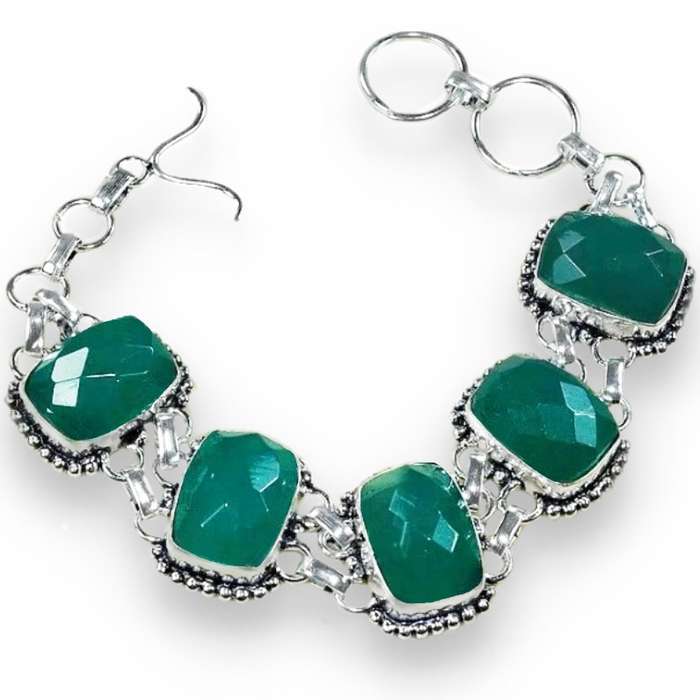 Handmade Chrysoprase Checkerboard Facet Cut Gemstone in .925 Sterling Silver Plated Bracelet