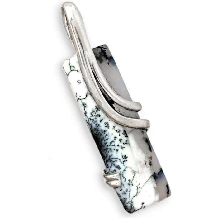 Natural Merlinite Dendritic Opal Rectangle Shape Gemstone set in Solid. 925 Sterling Silver Pendant
