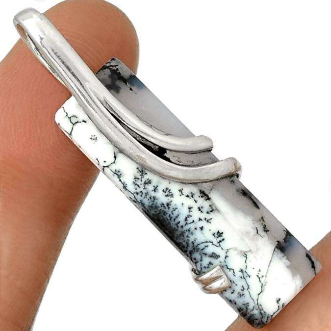 Natural Merlinite Dendritic Opal Rectangle Shape Gemstone set in Solid. 925 Sterling Silver Pendant