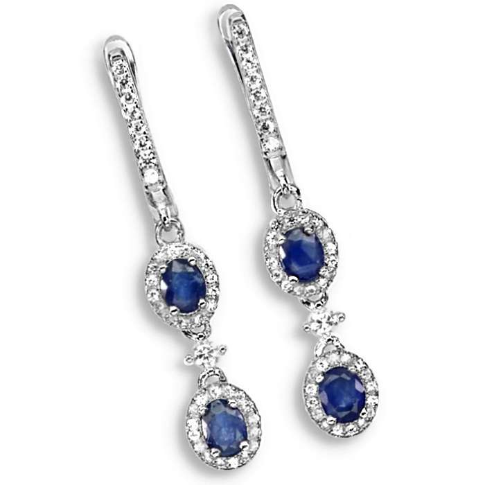 Genuine Natural Blue Sapphire, White Cubic Zirconia Solid .925 Sterling Silver Stud Earrings