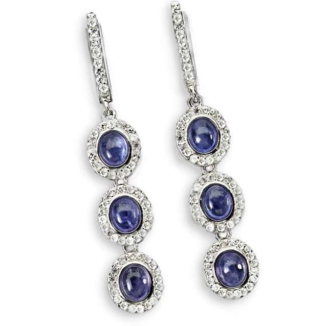 Rare Natural Unheated Tanzanite White Cubic Zirconia Solid .925 Silver & White Gold Earrings