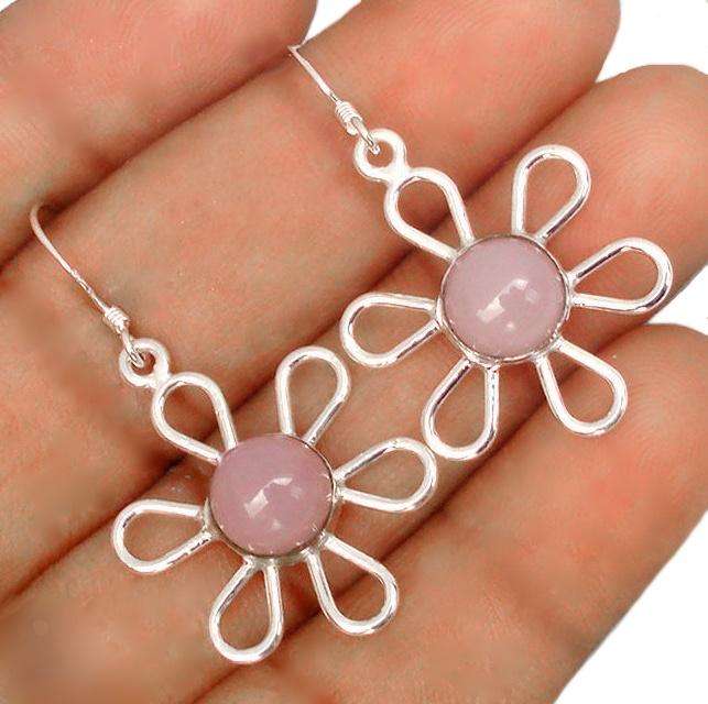 Natural Pink Rose Quartz Gemstone set in Solid .925 Sterling Silver Whimsical Floral Earrings