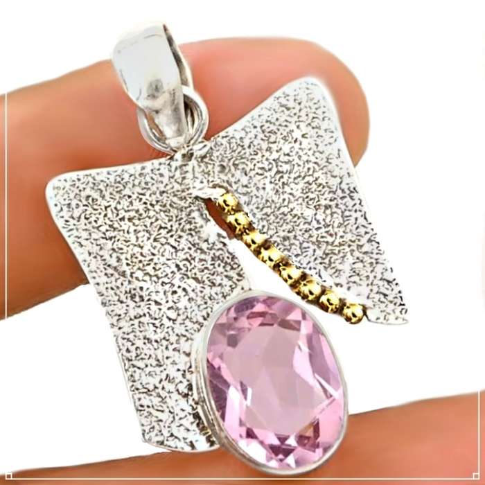 Two Tone 6 cts Pink Kunzite Facet Cut Oval  in Solid .925 Sterling Silver Modern Set Pendant
