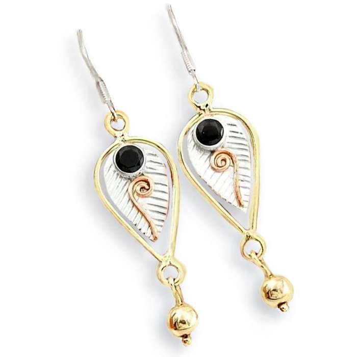 Natural Black Tourmaline Gemstone set in Three Tone Solid .925 Sterling Silver Drop Dangle Earrings