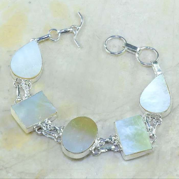 Natural Mother of Pearl Mixed Shapes set in .925  Sterling Silver Plated Handmade Elegant Bracelet