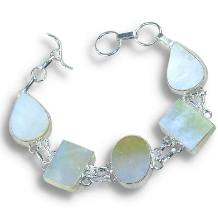 Natural Mother of Pearl Mixed Shapes set in .925  Sterling Silver Plated Handmade Elegant Bracelet