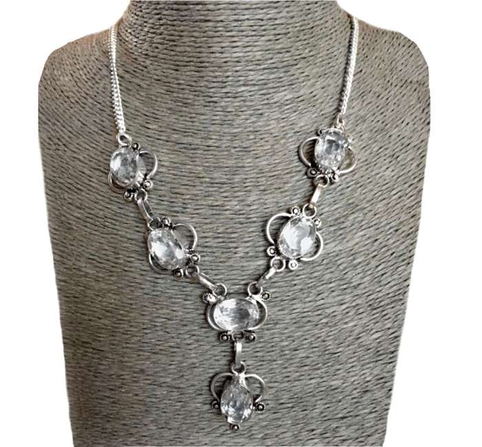 Clear Quartz Ovals set in .925 Sterling Silver Plated Handmade Antique Style Necklace