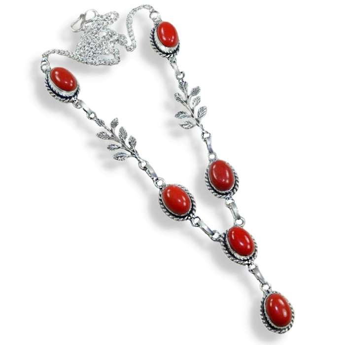 Rich Red Coral with Leaf accent in the Chain Gemstone .925 Sterling Silver Plated Handmade Necklace