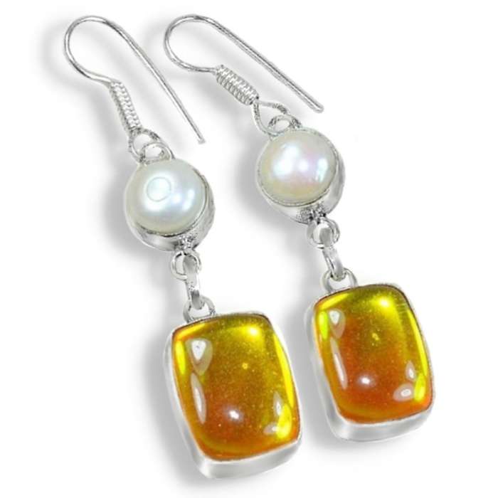 Madagascar Fiery Topaz and White River Pearl Gemstone set in .925 Sterling Silver Plated Earrings